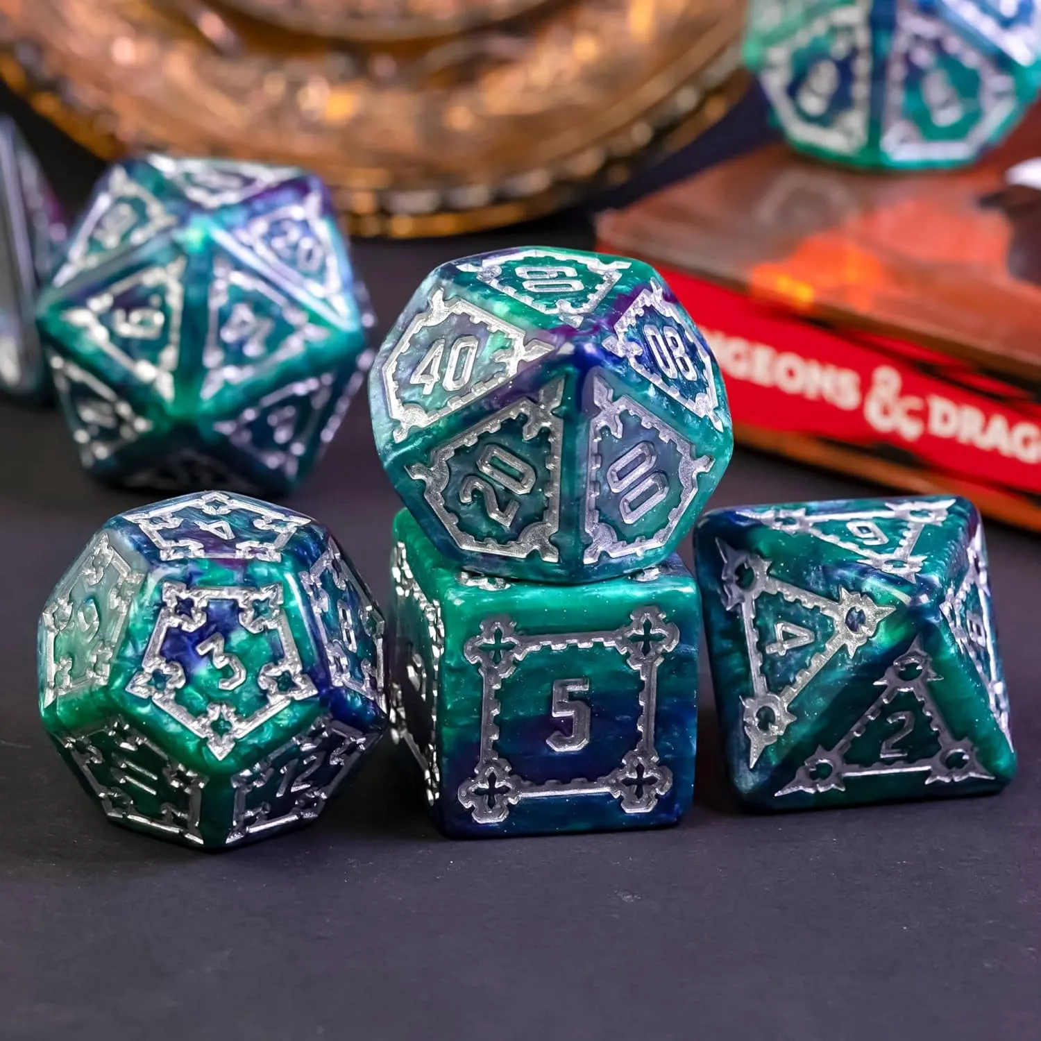 cusdie 7 Pcs 25mm Giant DND Dice with Dragon Eye Dice Bag, Polyhedral Dice Set, D&D Dice for Dungeons and Dragons Pathfinder RPG(Green/Purple)