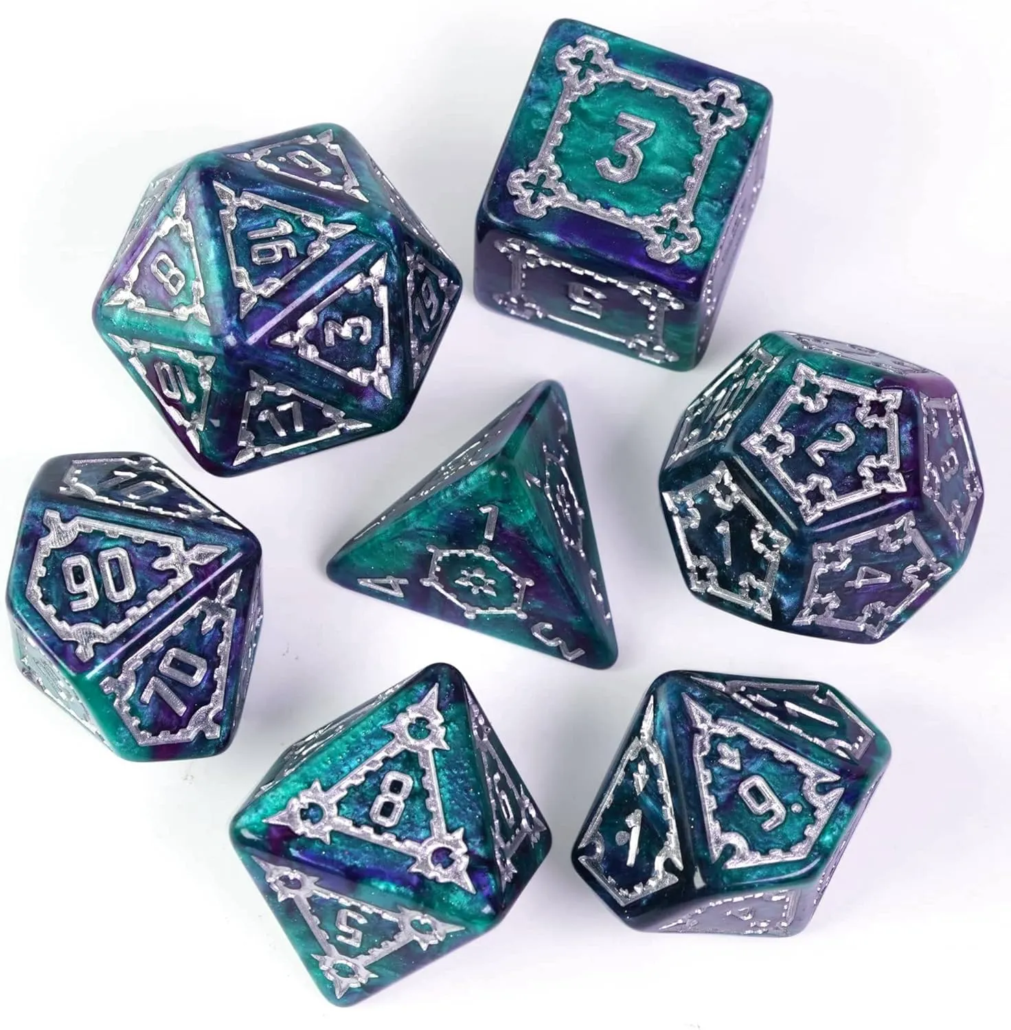 cusdie 7 Pcs 25mm Giant DND Dice with Dragon Eye Dice Bag, Polyhedral Dice Set, D&D Dice for Dungeons and Dragons Pathfinder RPG(Green/Purple)