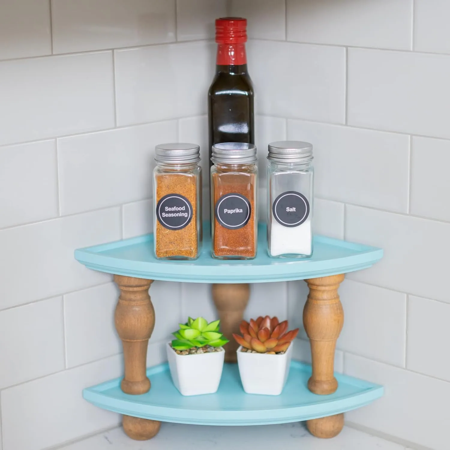 DAILY RITMO Turquoise Teal Corner Counter Wood Shelf | Aquamarine Stackable Countertop Bathroom Organizer | Farmhouse Blue Tray Riser Wooden Shelves 2-Pack | Aqua Kitchen Decor Accessories