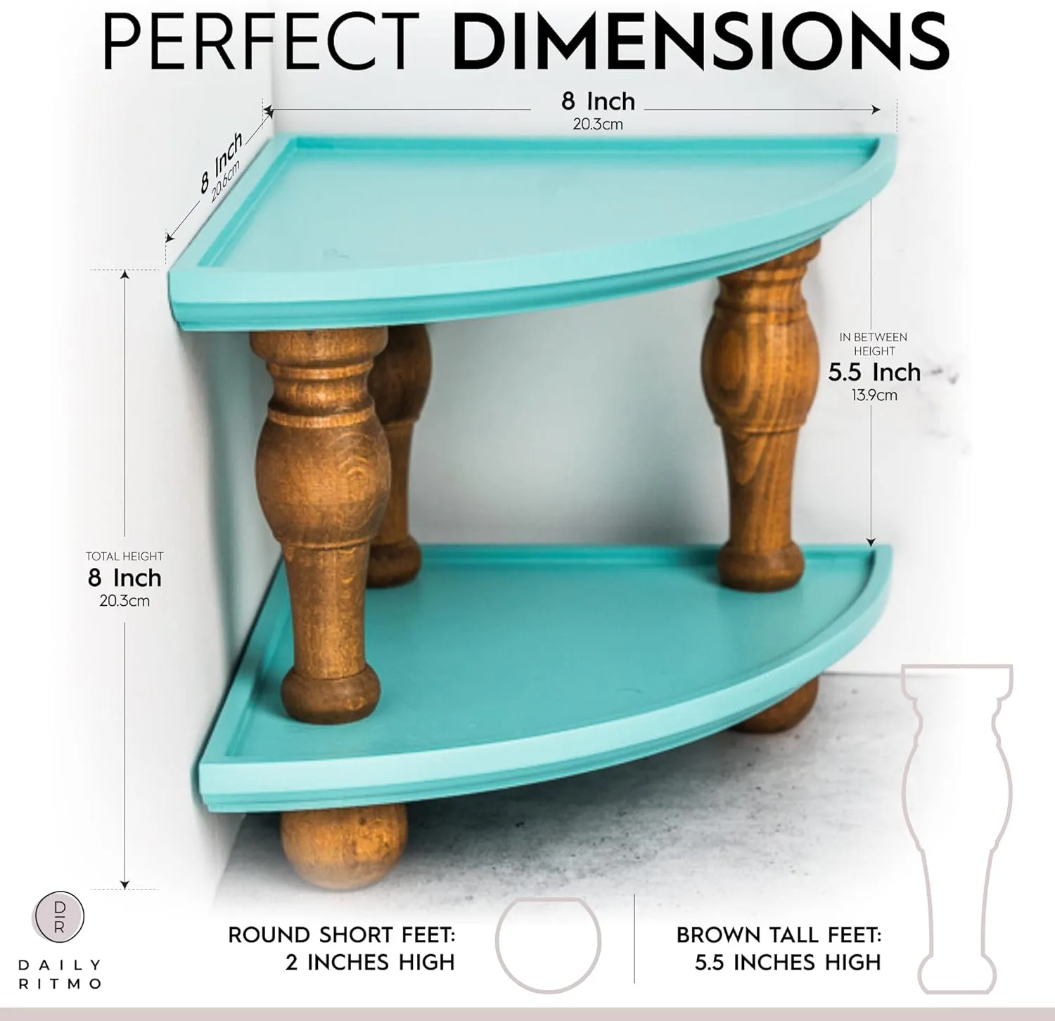 DAILY RITMO Turquoise Teal Corner Counter Wood Shelf | Aquamarine Stackable Countertop Bathroom Organizer | Farmhouse Blue Tray Riser Wooden Shelves 2-Pack | Aqua Kitchen Decor Accessories