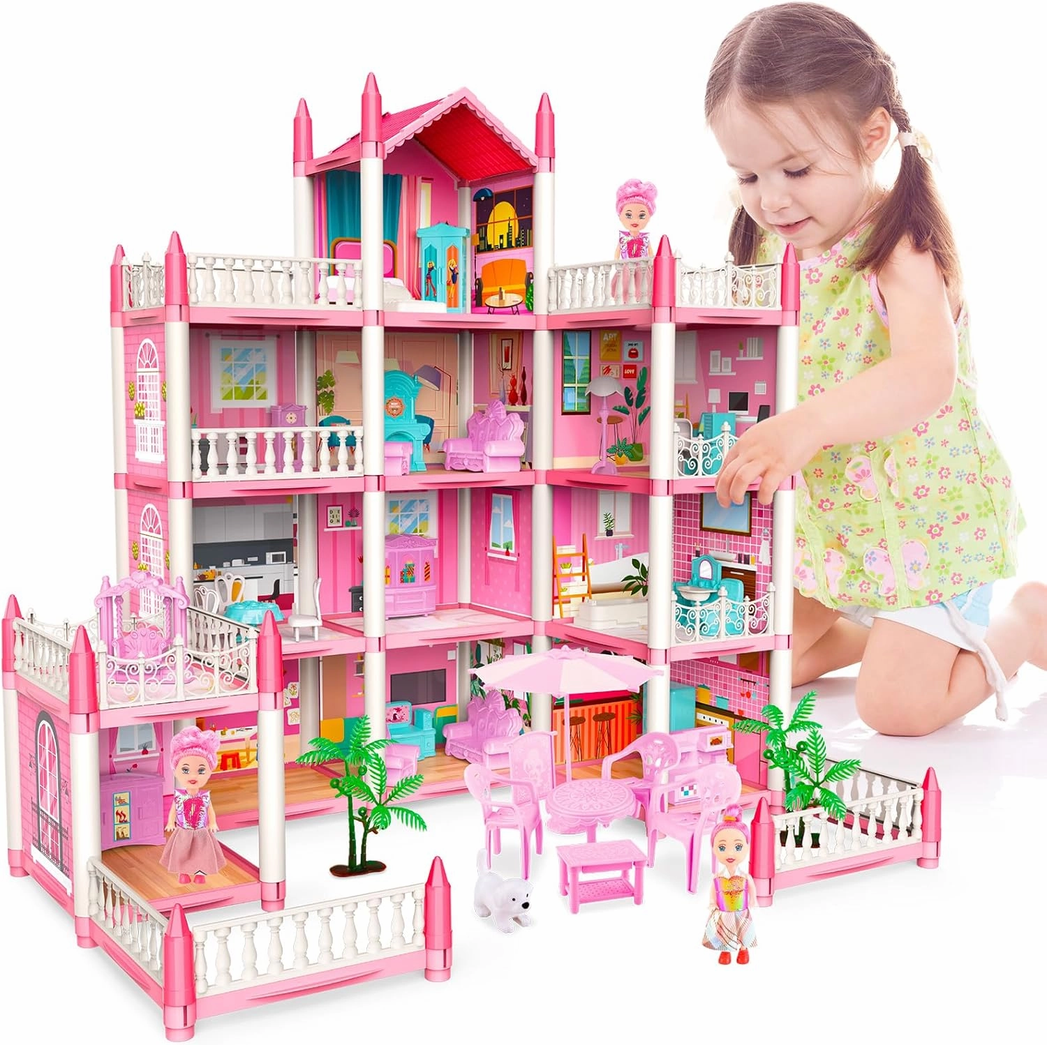 deAO Princess Girl Toys 4-Story 14 Room Dollhouse Playset with 4 Dolls, Furniture & Accessories, Princess Castle Toy for 3-8 Kids