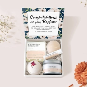 Dear Ava Spa Gifts for Women - Organic Self Care luxury Anti Stress Relaxing Bath and Body Kit Set Basket Box for Her with Heartfelt Card - Religious Faith Baptism Gift for Girl