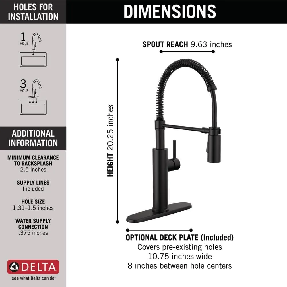 Delta Faucet Antoni Black Kitchen with Pull Down Sprayer, Commercial Style Sink Faucet, Faucets for Sinks, Single-Handle, Magnetic Docking Spray Head, 18803-BL-DST, Matte Black