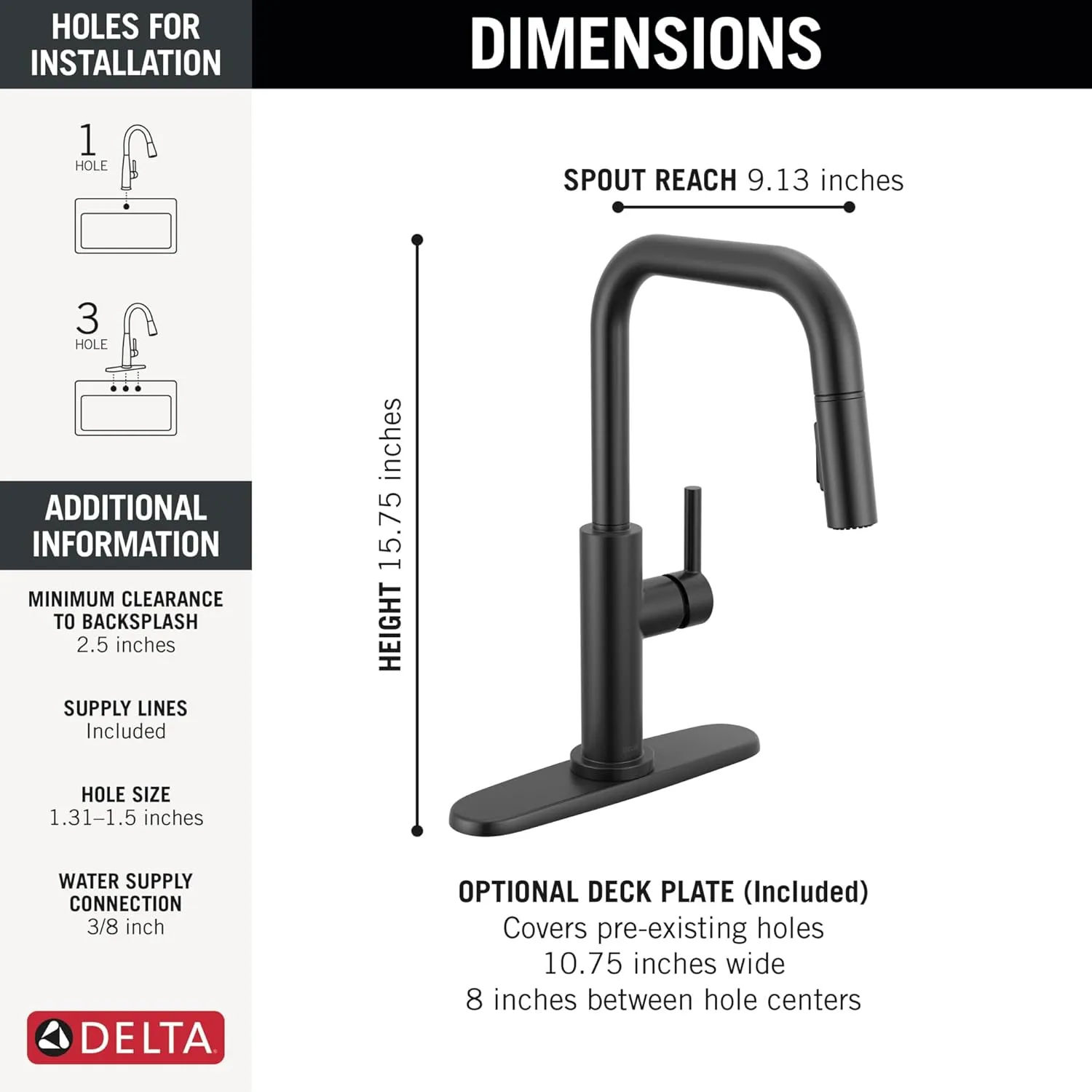 Delta Faucet Nicoli U-Spout Kitchen Faucet with Pull Down Sprayer, Black Modern Single Hole Kitchen Sink Faucet, Matte Black 19868LF-BL