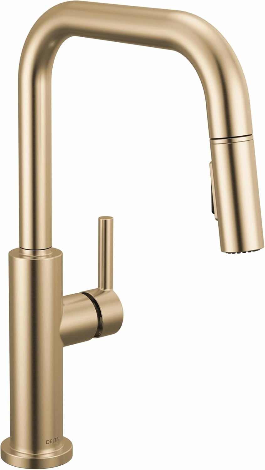 Delta Faucet Nicoli U-Spout Kitchen Faucet with Pull Down Sprayer, Champagne Gold Kitchen Sink Faucet, Modern Kitchen Faucet, Single Hole Kitchen Faucet, Champagne Bronze 19868LF-CZ