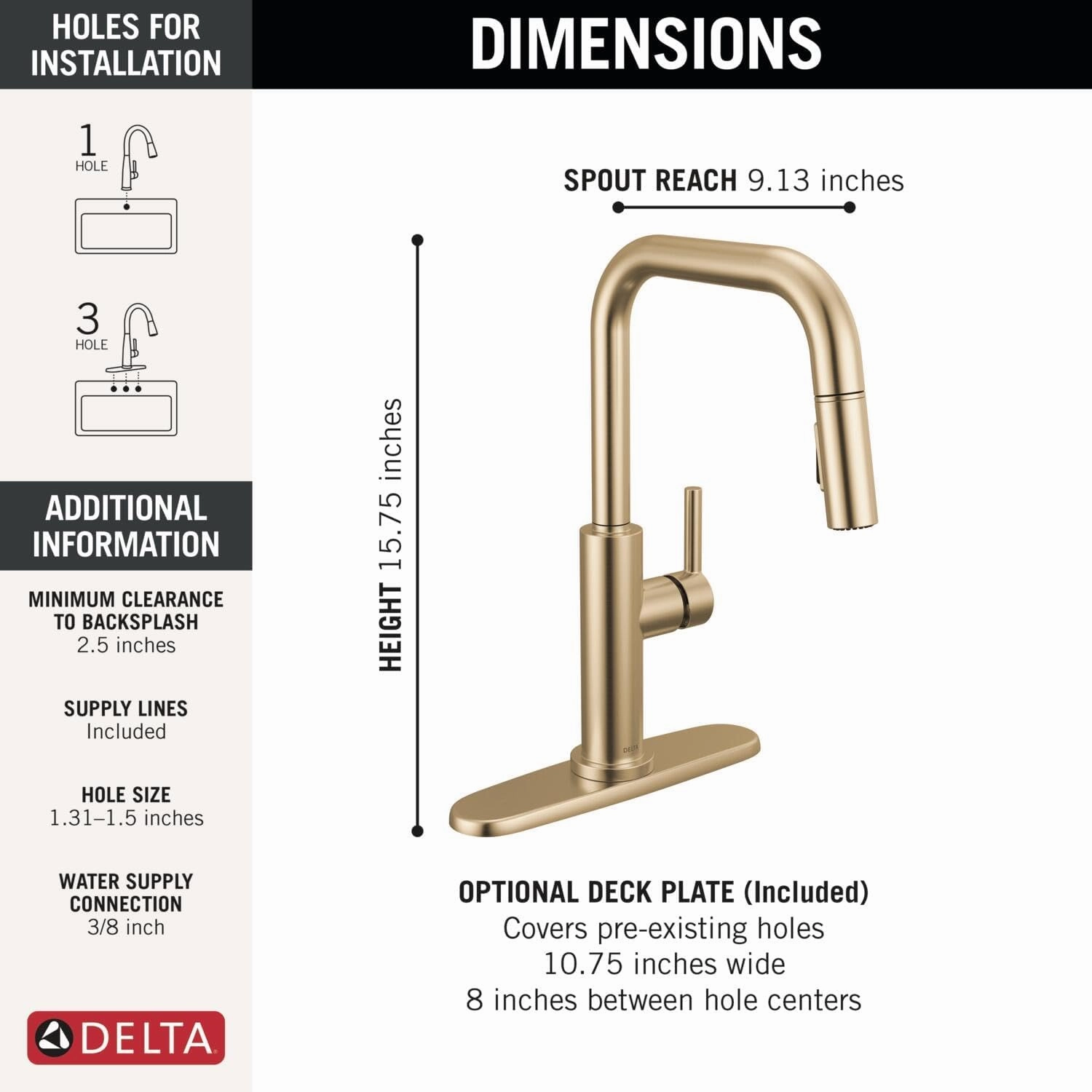 Delta Faucet Nicoli U-Spout Kitchen Faucet with Pull Down Sprayer, Champagne Gold Kitchen Sink Faucet, Modern Kitchen Faucet, Single Hole Kitchen Faucet, Champagne Bronze 19868LF-CZ