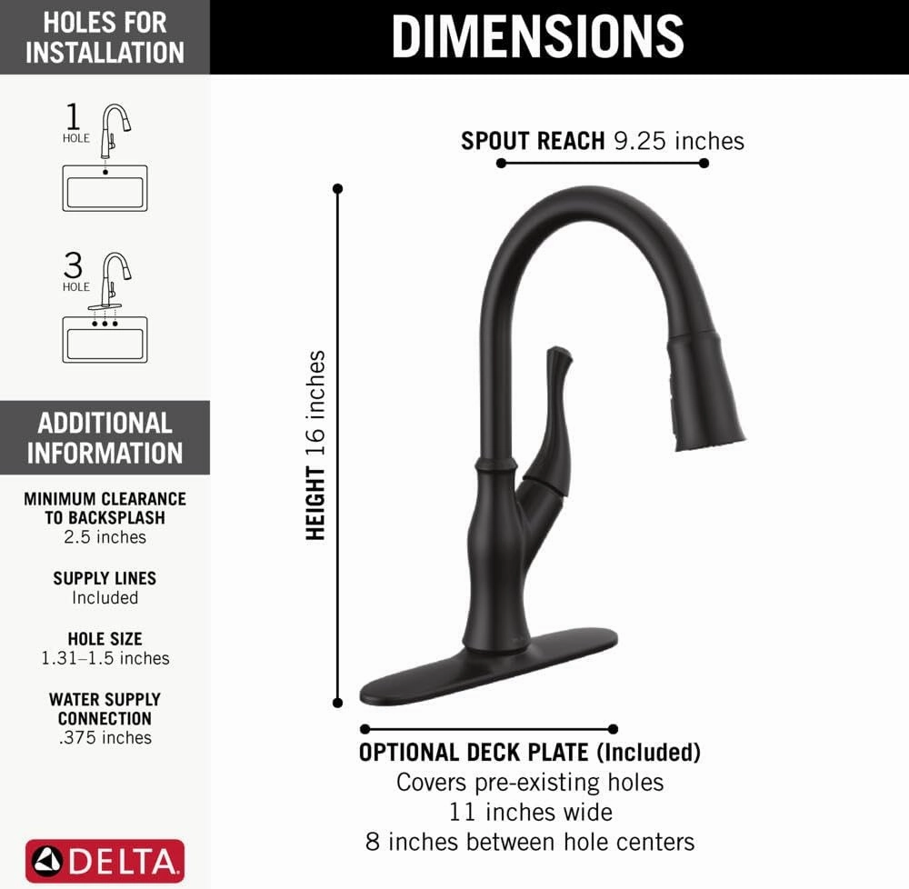 Delta Faucet Ophelia Matte Black Kitchen Faucet Black, Kitchen Faucets with Pull Down Sprayer, Kitchen Sink Faucet, Faucet for Kitchen Sink, Magnetic Docking Spray Head, Matte Black 19888Z-BL-DST