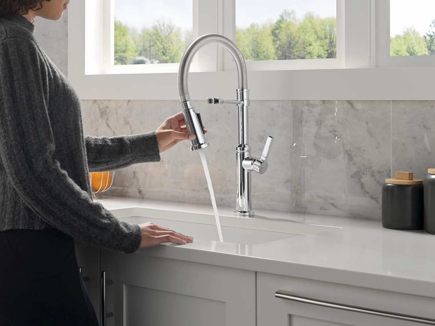 Delta Faucet Rhett Pro Commercial Style Kitchen Faucet with Pull Down Sprayer, Chrome Spring Kitchen Sink Faucet, Chrome 18829-DST