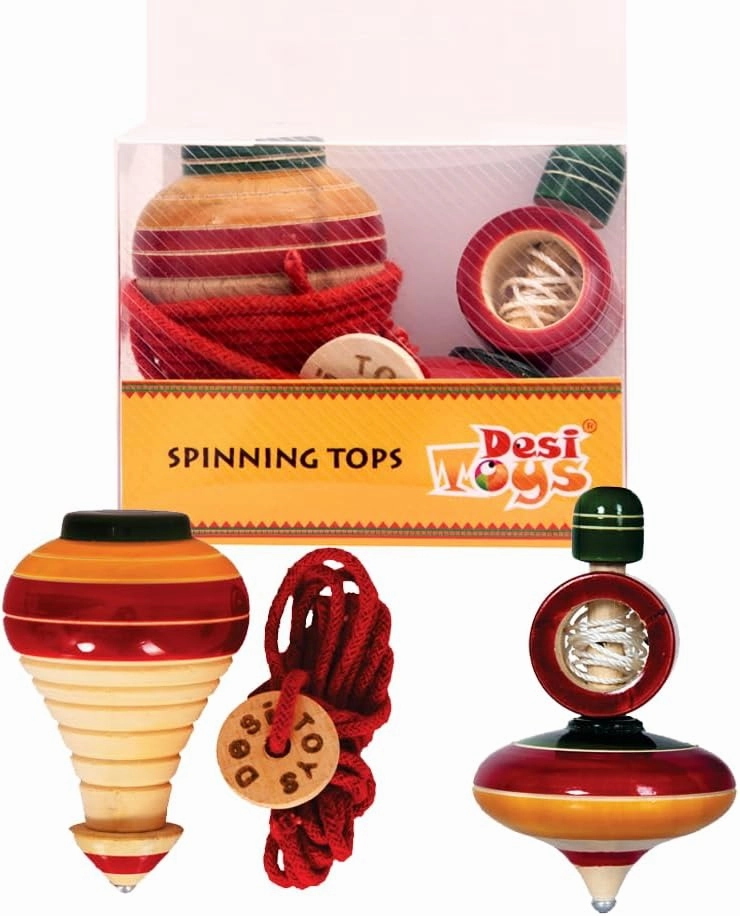 Desi Toys' Wooden Spinning Tops for Kids/Windup Top/Lattu/Bhawra/Bambaram Pack of 2