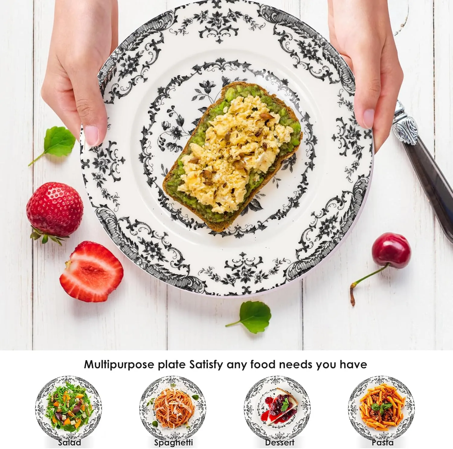 Dinner Plates Set of 6, Ceramic Black Floral Plates, 10.5 Inch Porcelain Microwave Safe