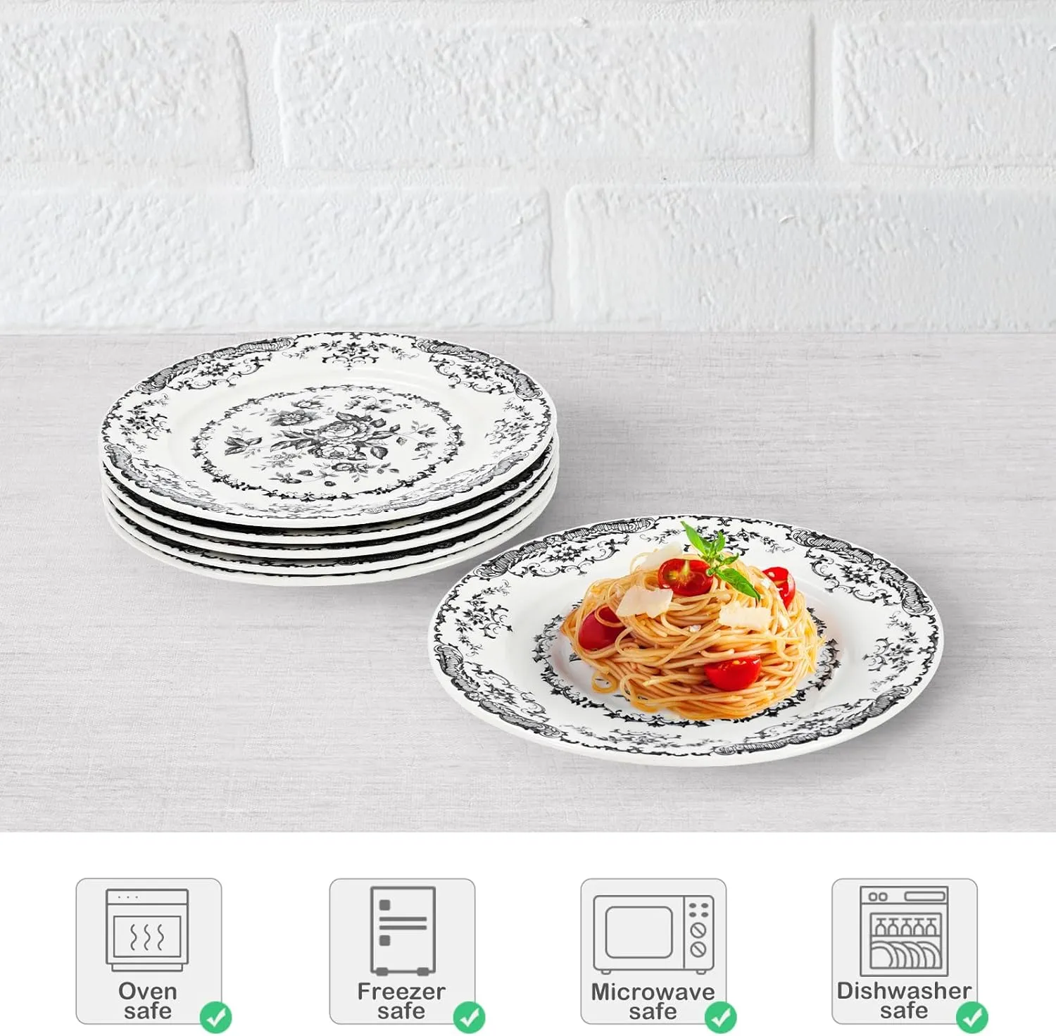 Dinner Plates Set of 6, Ceramic Black Floral Plates, 10.5 Inch Porcelain Microwave Safe