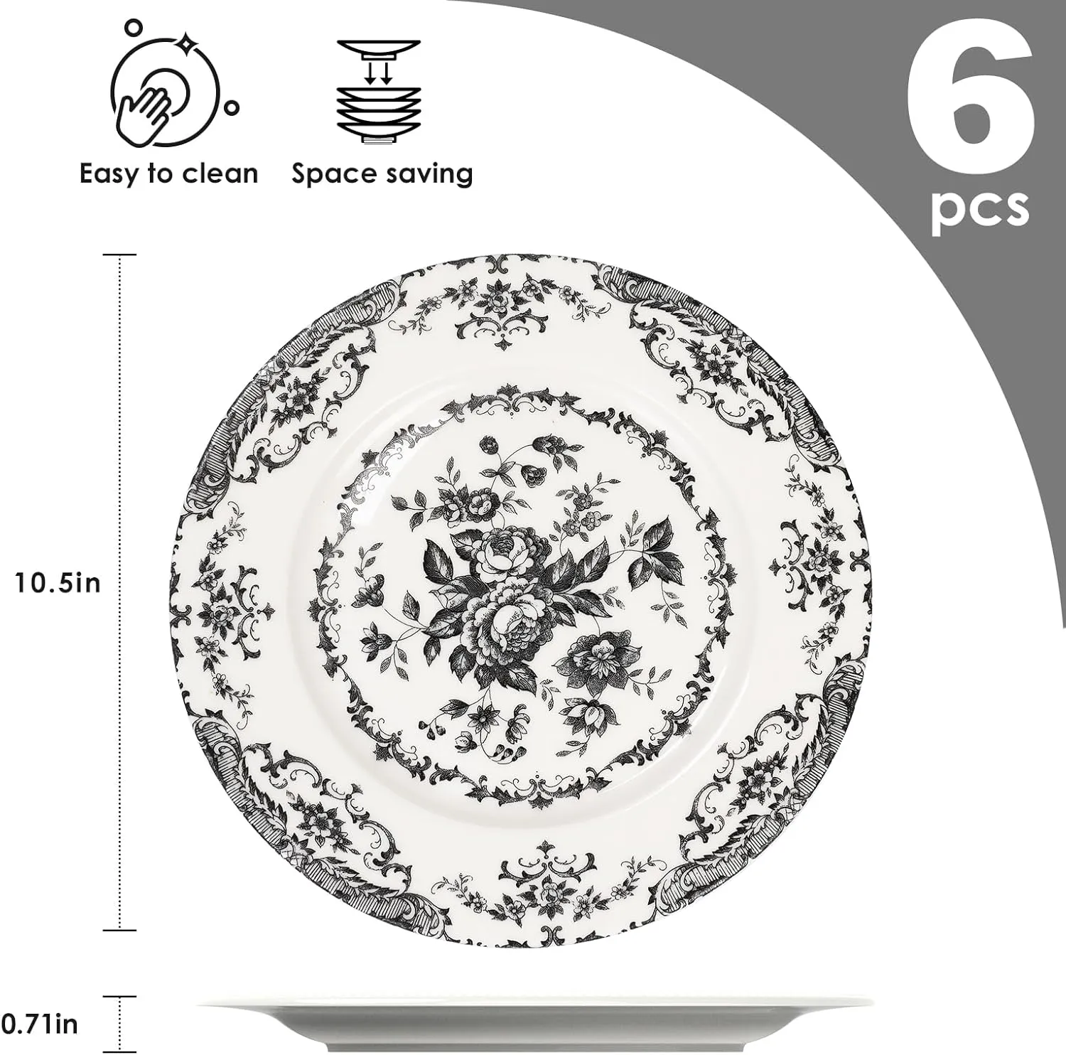 Dinner Plates Set of 6, Ceramic Black Floral Plates, 10.5 Inch Porcelain Microwave Safe