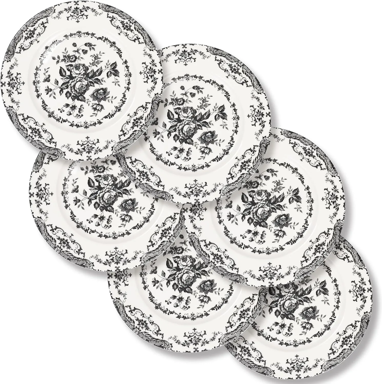 Dinner Plates Set of 6, Ceramic Black Floral Plates, 10.5 Inch Porcelain Microwave Safe