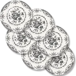 Dinner Plates Set of 6, Ceramic Black Floral Plates, 10.5 Inch Porcelain Microwave Safe