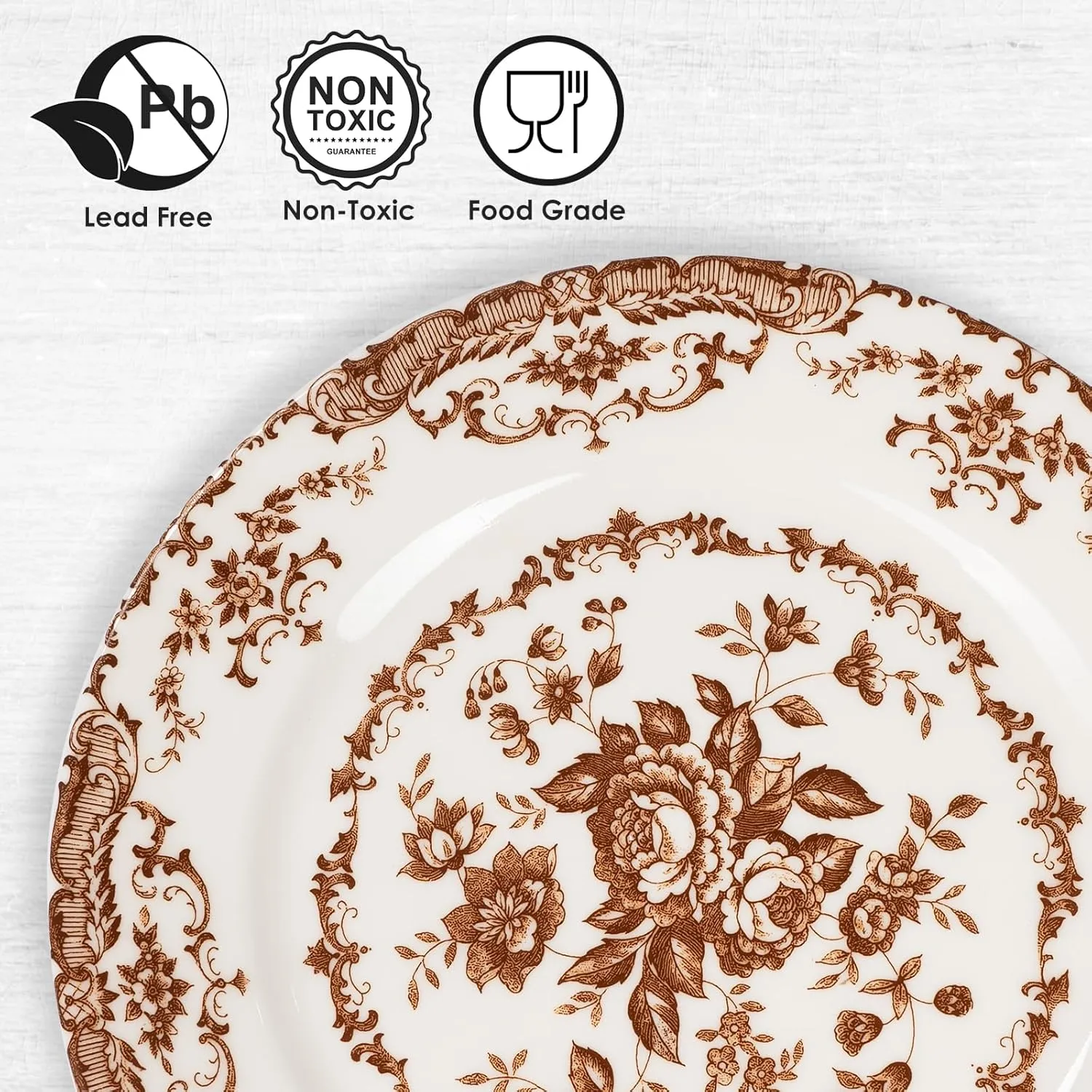 Dinner Plates Set of 6, Ceramic Kitchen Plates Microwave Safe Plates, 10.5 Inch Porcelain Dinner Plates Floral, Brown
