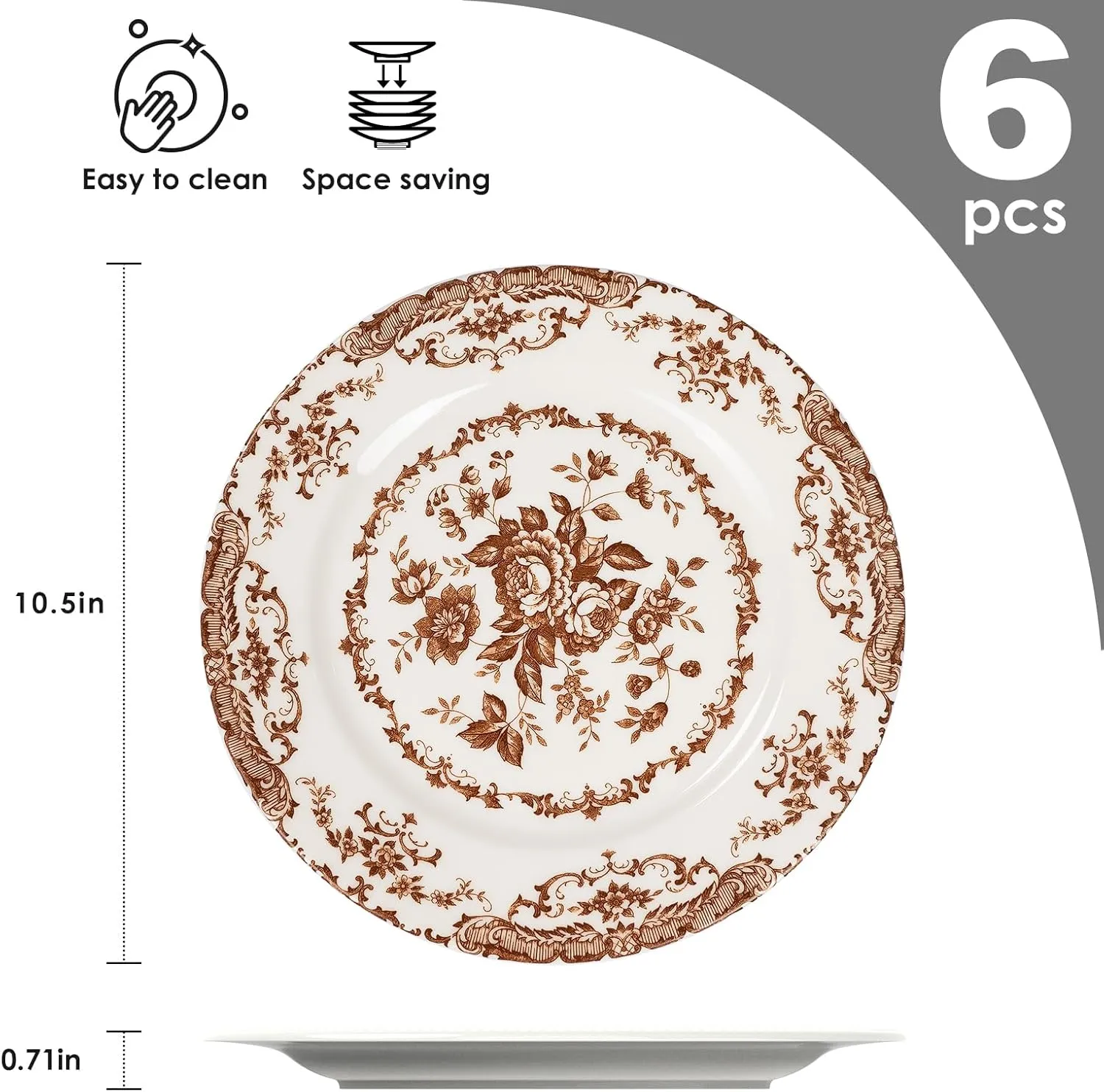 Dinner Plates Set of 6, Ceramic Kitchen Plates Microwave Safe Plates, 10.5 Inch Porcelain Dinner Plates Floral, Brown