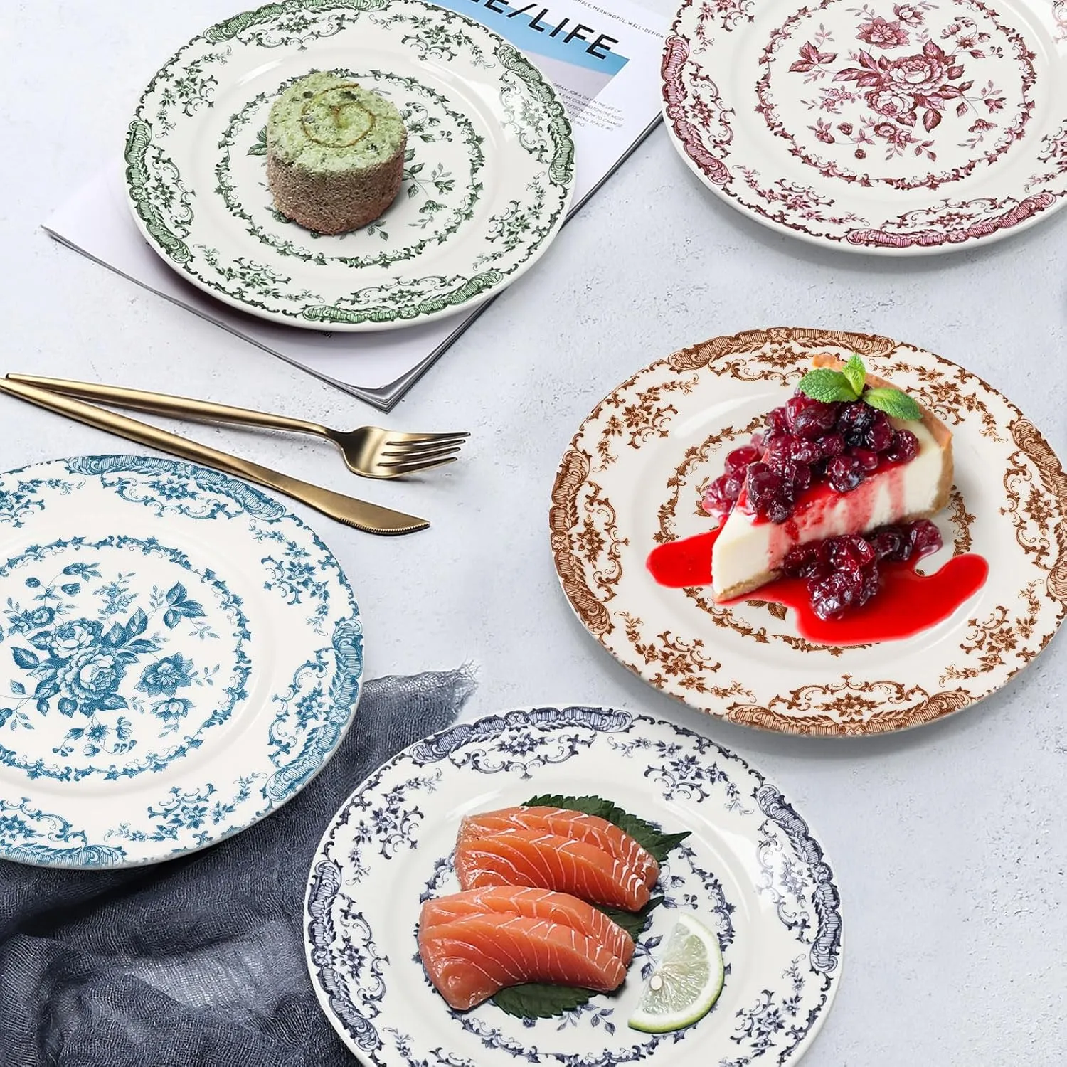 Dinner Plates Set of 6, Ceramic Kitchen Plates Microwave Safe Plates, 10.5 Inch Porcelain Dinner Plates Floral, Brown