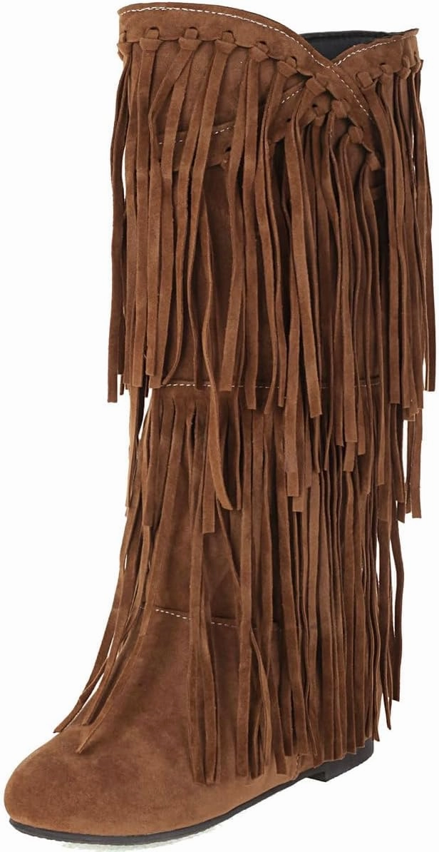 DINTAHA Fringe Suede Boots Flat Knee High Boots With Tassel Long Tall Pull On Boots