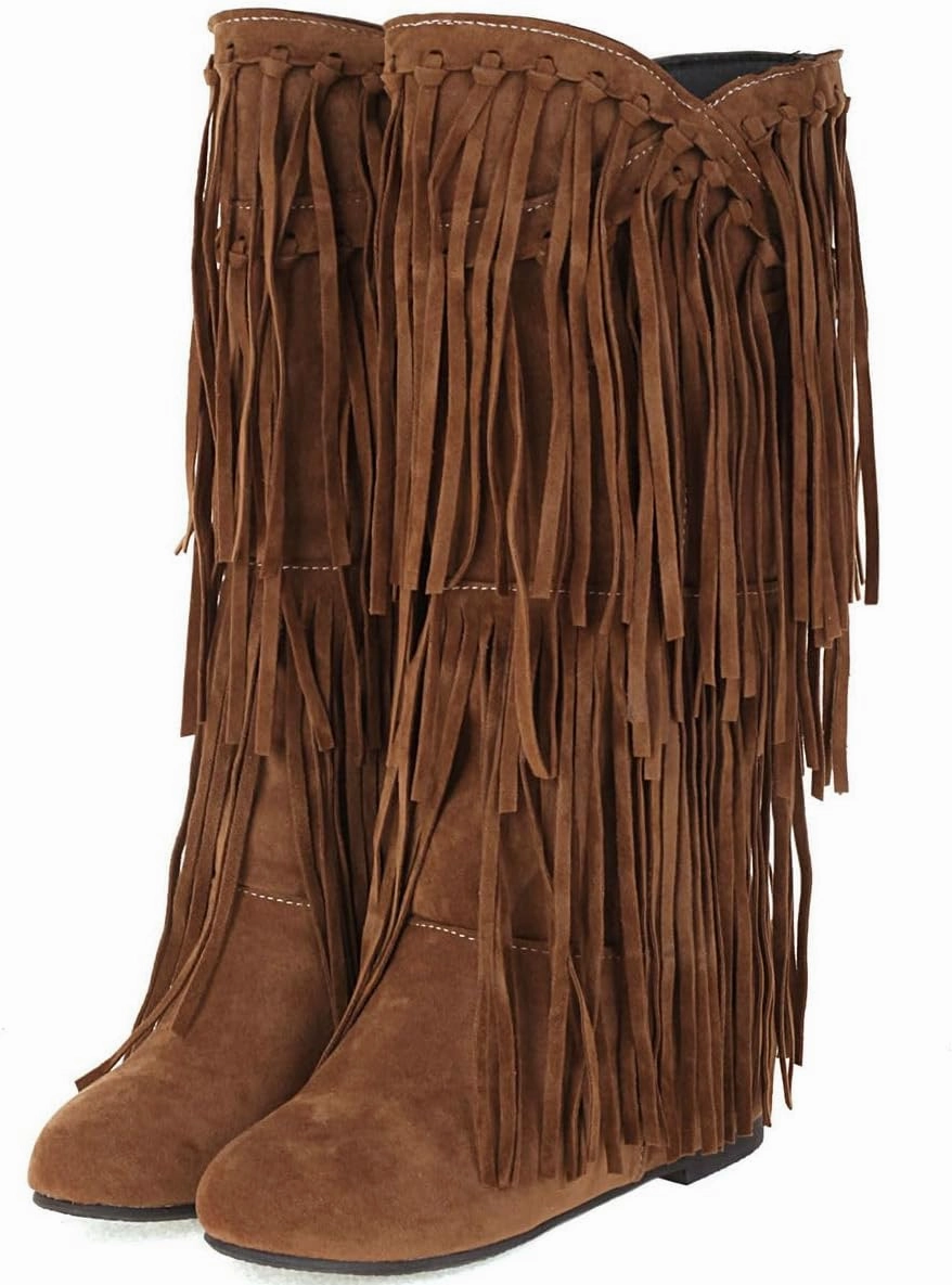 DINTAHA Fringe Suede Boots Flat Knee High Boots With Tassel Long Tall Pull On Boots