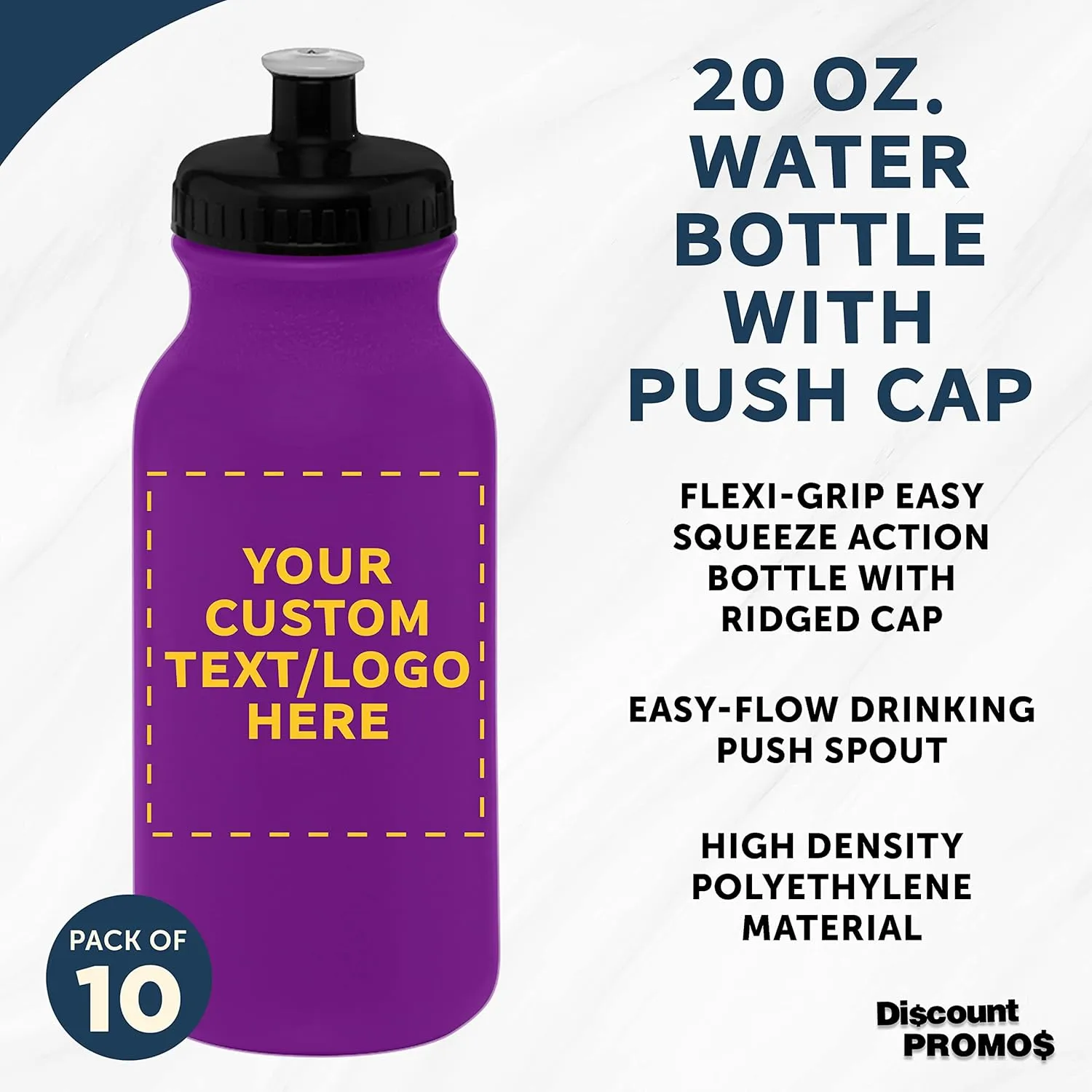 DISCOUNT PROMOS Custom 20 oz. Water Bottles with Push Cap Set of 10, Personalized Bulk Pack - Perfect for Gym, Hiking, Camping, Outdoor Sports - Violet Purple