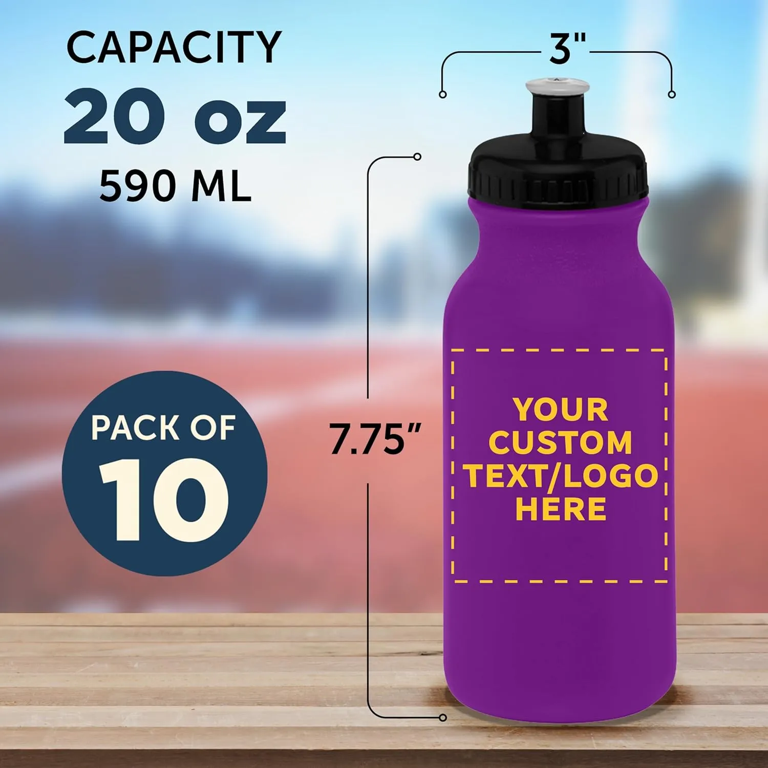 DISCOUNT PROMOS Custom 20 oz. Water Bottles with Push Cap Set of 10, Personalized Bulk Pack - Perfect for Gym, Hiking, Camping, Outdoor Sports - Violet Purple