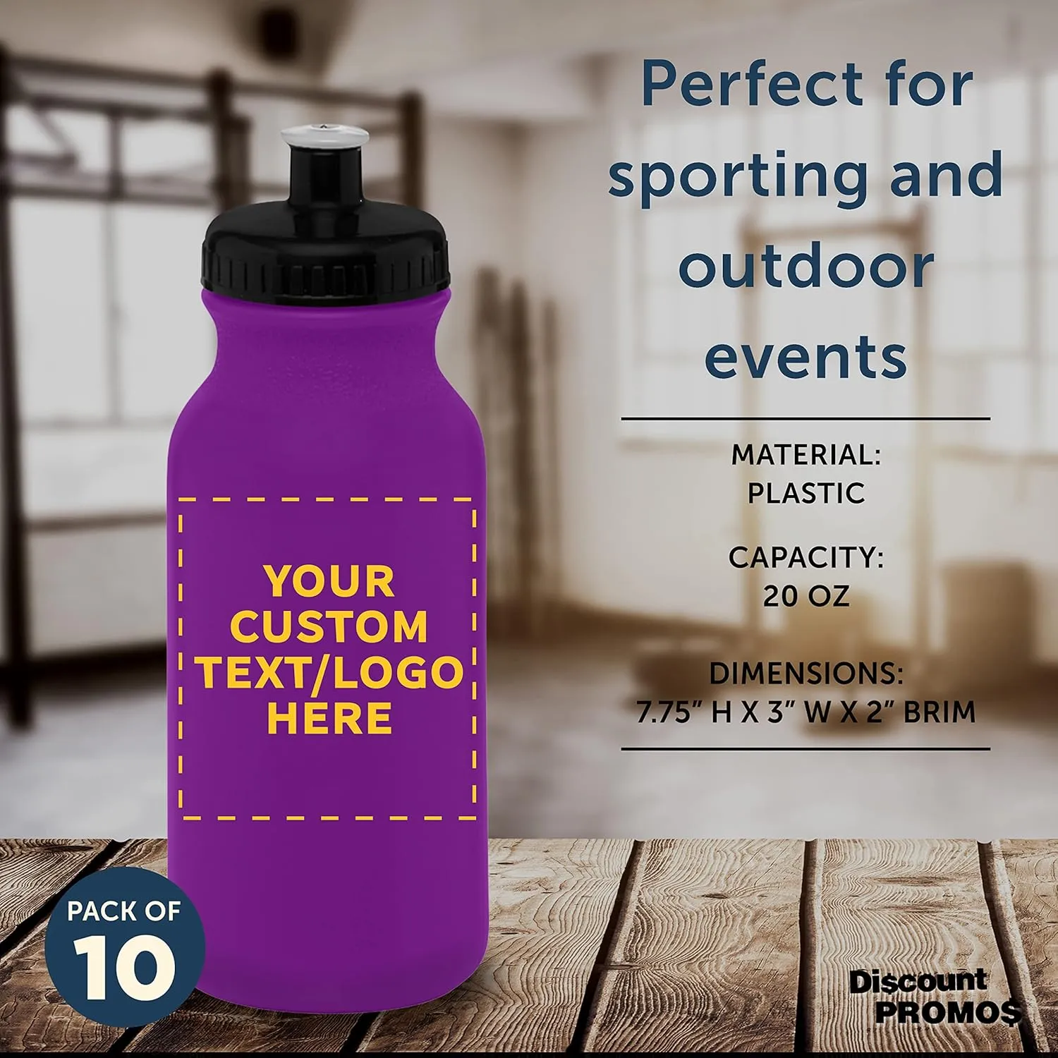 DISCOUNT PROMOS Custom 20 oz. Water Bottles with Push Cap Set of 10, Personalized Bulk Pack - Perfect for Gym, Hiking, Camping, Outdoor Sports - Violet Purple