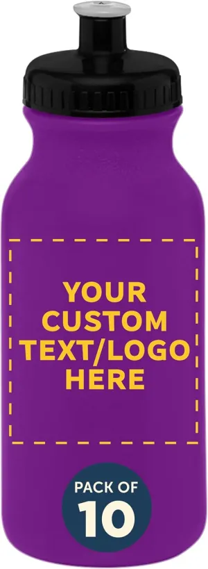 DISCOUNT PROMOS Custom 20 oz. Water Bottles with Push Cap Set of 10, Personalized Bulk Pack - Perfect for Gym, Hiking, Camping, Outdoor Sports - Violet Purple