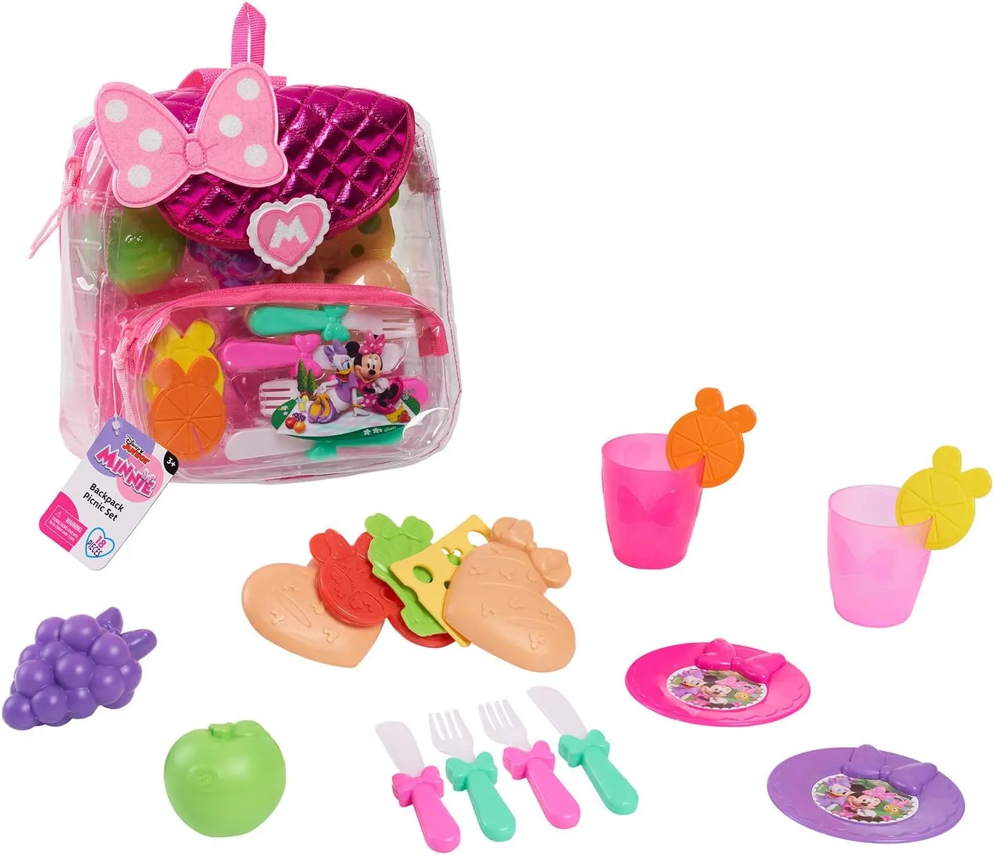 Disney Junior Minnie Mouse 18-piece Backpack Picnic Set, Dress Up and Pretend Play, Kids Toys for Ages 3 Up, Amazon Exclusive by Just Play
