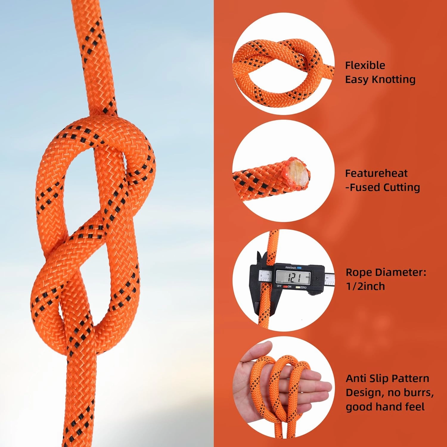 Double Braided Polyester Rope,Arborist Rigging Rope,1/2 in x 100 ft,48 Strands for Tree Work Camping,Swinging,Sailing and Various Outdoor Activities, Orange/Black