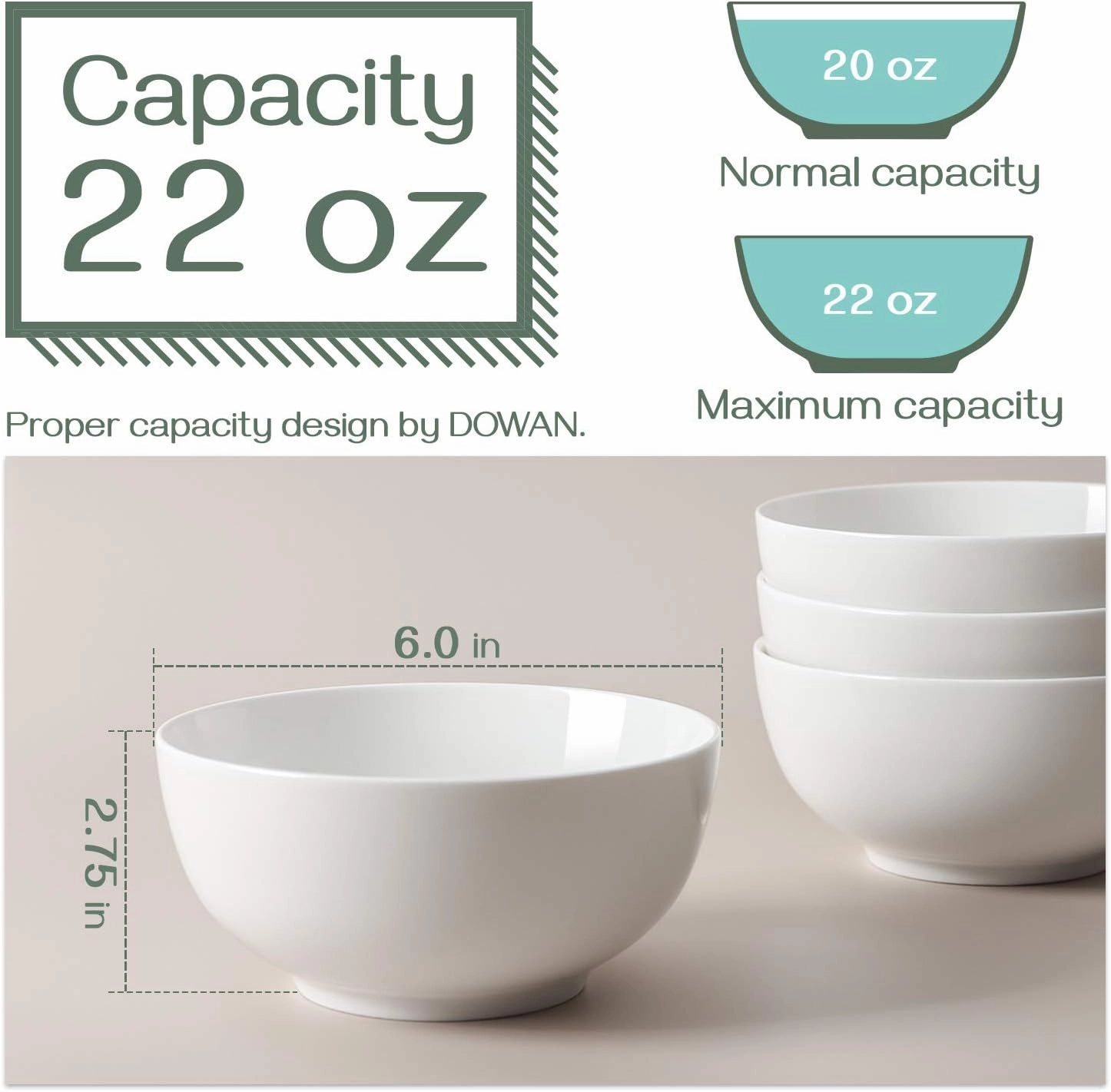 DOWAN 22 OZ White Ceramic Bowls Set of 4 - Perfect for Soup Bowls for Kitchen, Cereal Bowl, Ramen Bowl, Microwave Safe for Oatmeal, Fruit,Salad and Rice Bowl - Dishwasher & Microwave Safe