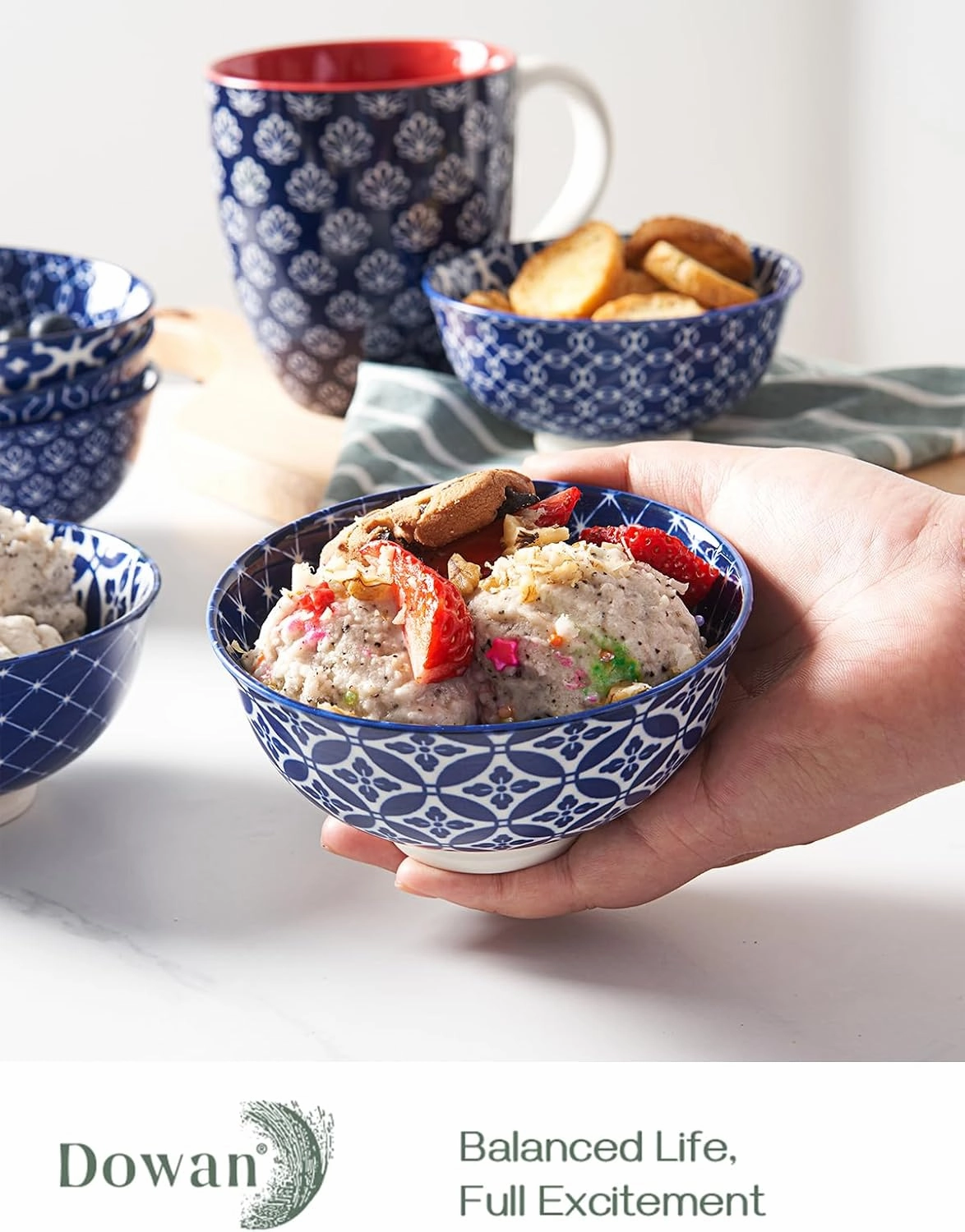 DOWAN Small Dessert Bowls Set of 6, Ice Cream Bowls 10 OZ, 4.5 Inch Ceramic Cereal Bowls for Fruit, Snack, Bouillon Cups for Dipping, Side Dishes, Sauce, Microwave and Oven Safe, Dishwasher