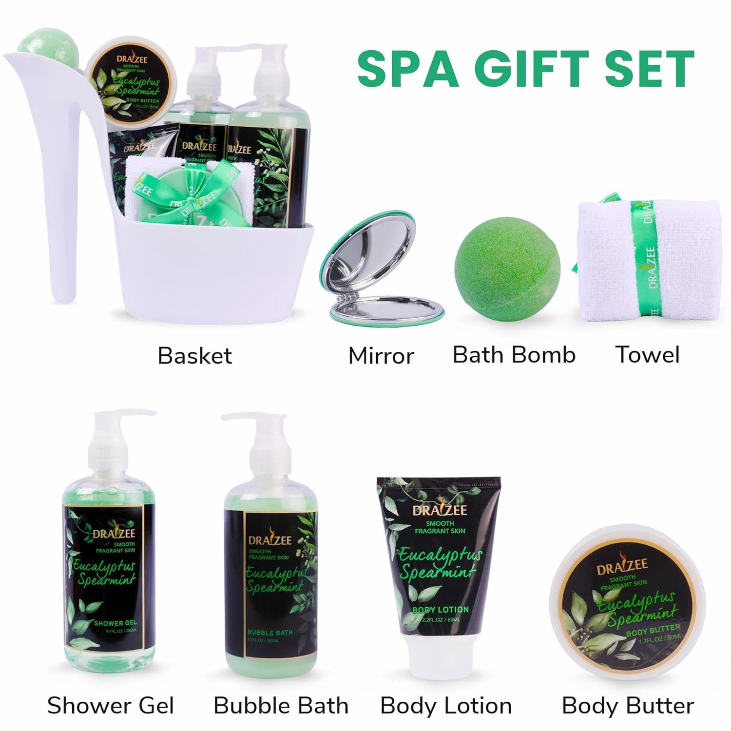 Draizee Luxury Spa Gifts for Women – 8 Pc Eucalyptus Spearmint Scented Bath and Body Set with Bubble Bath, Lotion & More – Luxury Self Care Kit for Wife, Mom, Best Friend, Girlfriend, Anniversary Gift