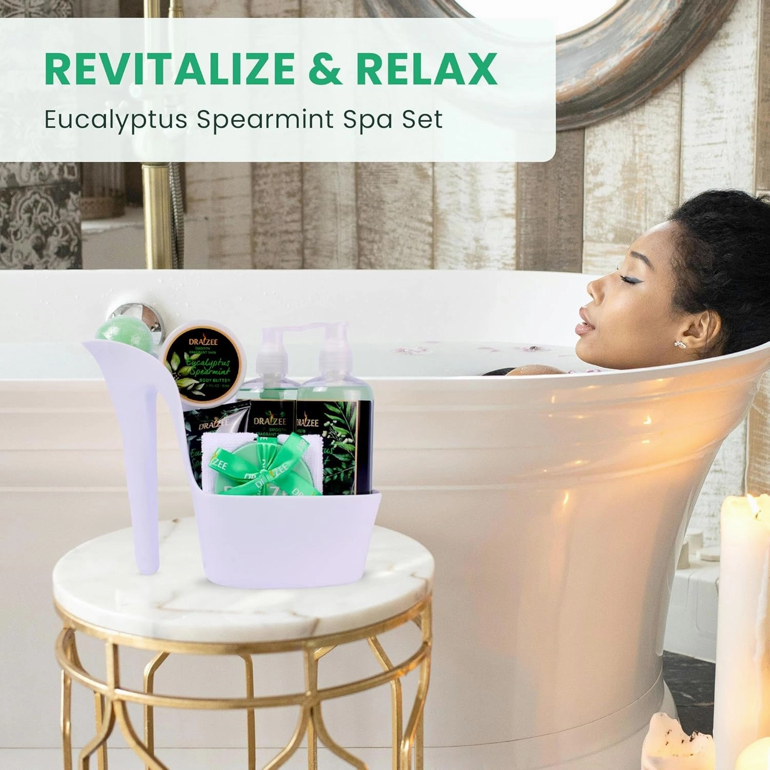 Draizee Luxury Spa Gifts for Women – 8 Pc Eucalyptus Spearmint Scented Bath and Body Set with Bubble Bath, Lotion & More – Luxury Self Care Kit for Wife, Mom, Best Friend, Girlfriend, Anniversary Gift