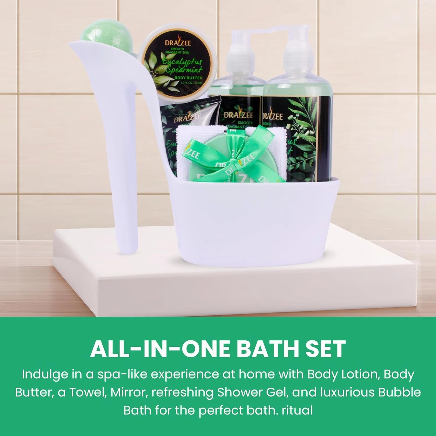 Draizee Luxury Spa Gifts for Women – 8 Pc Eucalyptus Spearmint Scented Bath and Body Set with Bubble Bath, Lotion & More – Luxury Self Care Kit for Wife, Mom, Best Friend, Girlfriend, Anniversary Gift