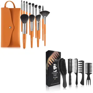 DUAIU Makeup Brushes Set 12Pcs Professional Makeup Brush Set and Hair Brush, Boar Bristle Hair Brush and Hair Comb Set