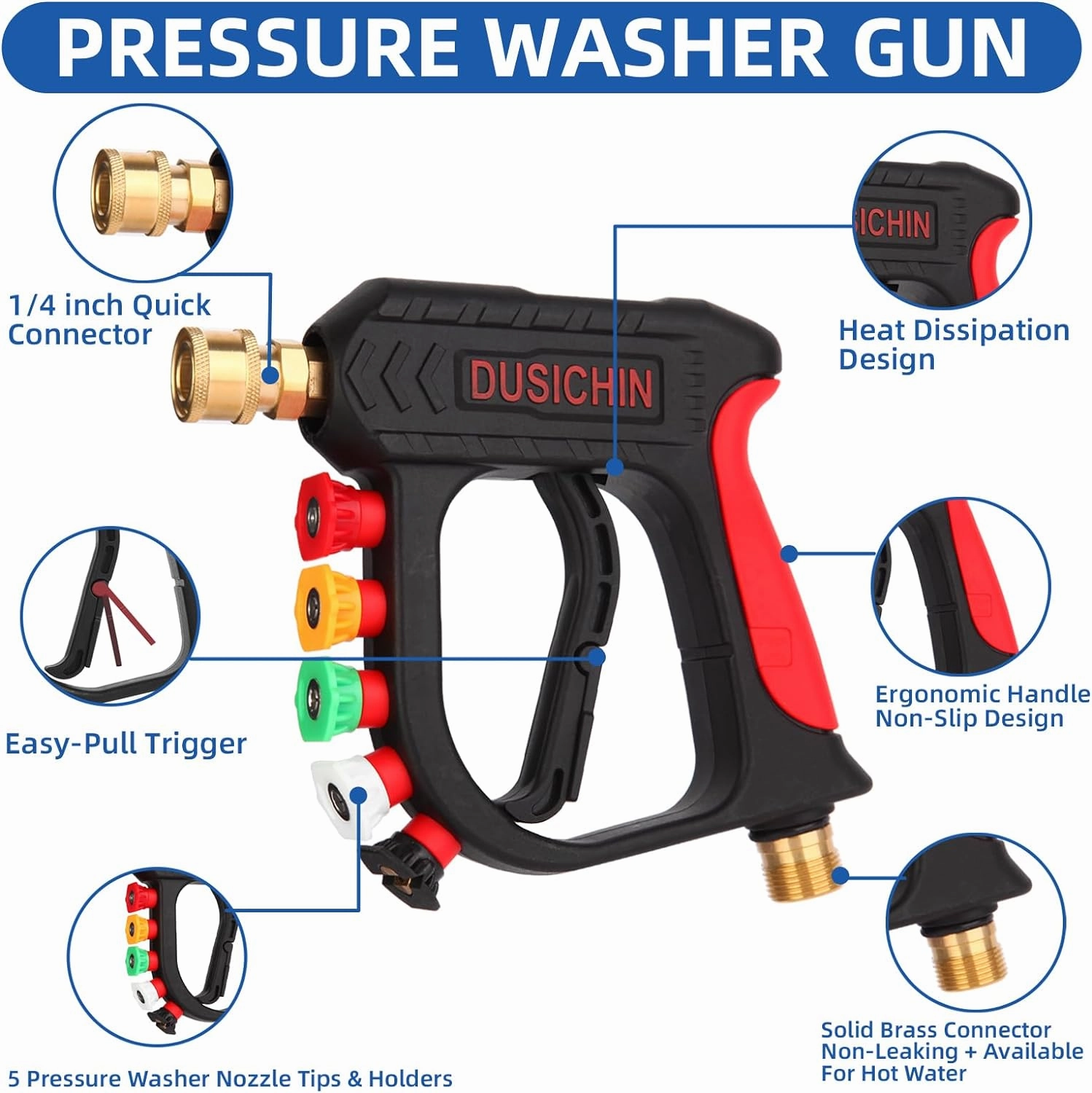 DUSICHIN Foam Cannon Short Pressure Washer Gun 1/4 Inch Quick Connector,Car Wash Foam Gun with 5 Pressure Washer Nozzle Tips 3/8'' Swivel Quick Connector,Additional Orifice Nozzle 1.04mm Car Washing