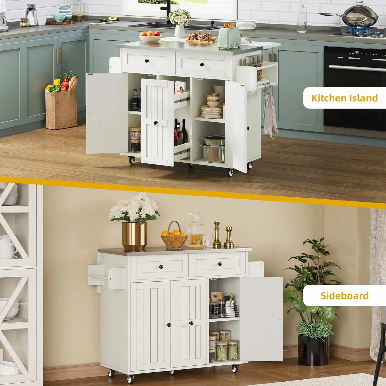 DWVO Kitchen Island on Wheels, Mobile Kitchen Island Cart with Folding Drop Leaf Breakfast Bar, Island Table for Kitchen with Large Storage Cabinets, Racks, Drawers and Adjustable Shelves, White