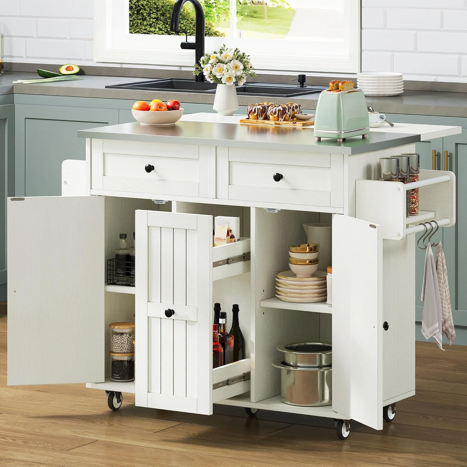 DWVO Kitchen Island on Wheels, Mobile Kitchen Island Cart with Folding Drop Leaf Breakfast Bar, Island Table for Kitchen with Large Storage Cabinets, Racks, Drawers and Adjustable Shelves, White