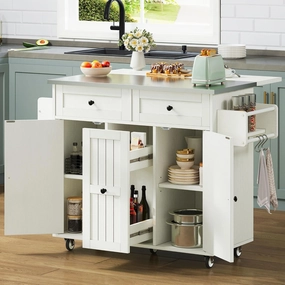 DWVO Kitchen Island on Wheels, Mobile Kitchen Island Cart with Folding Drop Leaf Breakfast Bar, Island Table for Kitchen with Large Storage Cabinets, Racks, Drawers and Adjustable Shelves, White