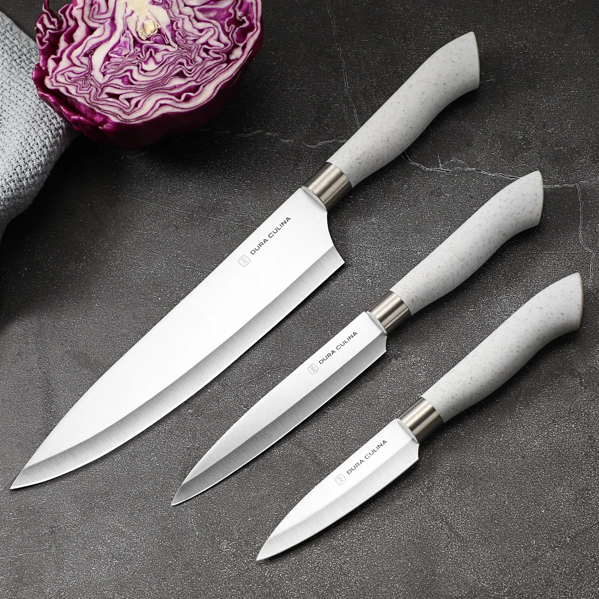 EcoCut 3 Piece Kitchen Knife Set With Blade Guards, Grey by Dura Living