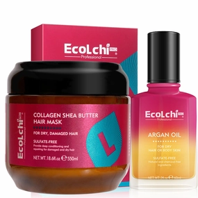 Ecolchi Hair Mask Argan Oil Set Deep Repair Conditioning Collagen Hair Treatment for Dry and Damaged Hair All Hair Types 550ml 60ml 18.6floz   2floz