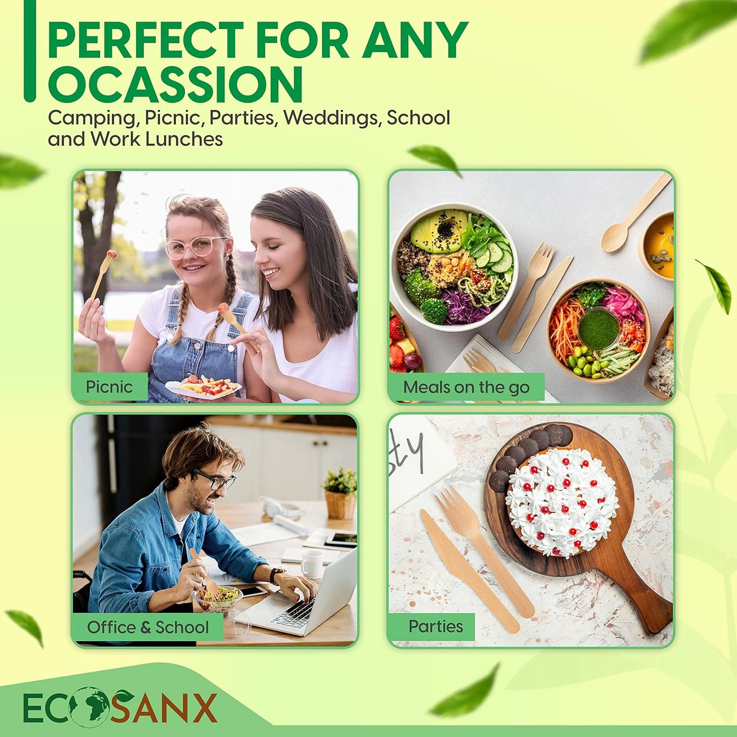 ECOSANX® 300 PCs Disposable Wooden Cutlery set 6.5" Splinter Free Compostable Utensils for party, Eco-Friendly, 100% All-Natural Bamboo Utensils set for picnic, Bamboo cutlery set for Events & More