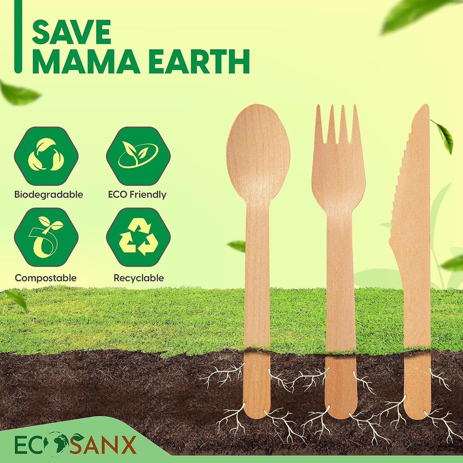 ECOSANX® 300 PCs Disposable Wooden Cutlery set 6.5" Splinter Free Compostable Utensils for party, Eco-Friendly, 100% All-Natural Bamboo Utensils set for picnic, Bamboo cutlery set for Events & More