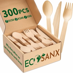 ECOSANX® 300 PCs Disposable Wooden Cutlery set 6.5" Splinter Free Compostable Utensils for party, Eco-Friendly, 100% All-Natural Bamboo Utensils set for picnic, Bamboo cutlery set for Events & More