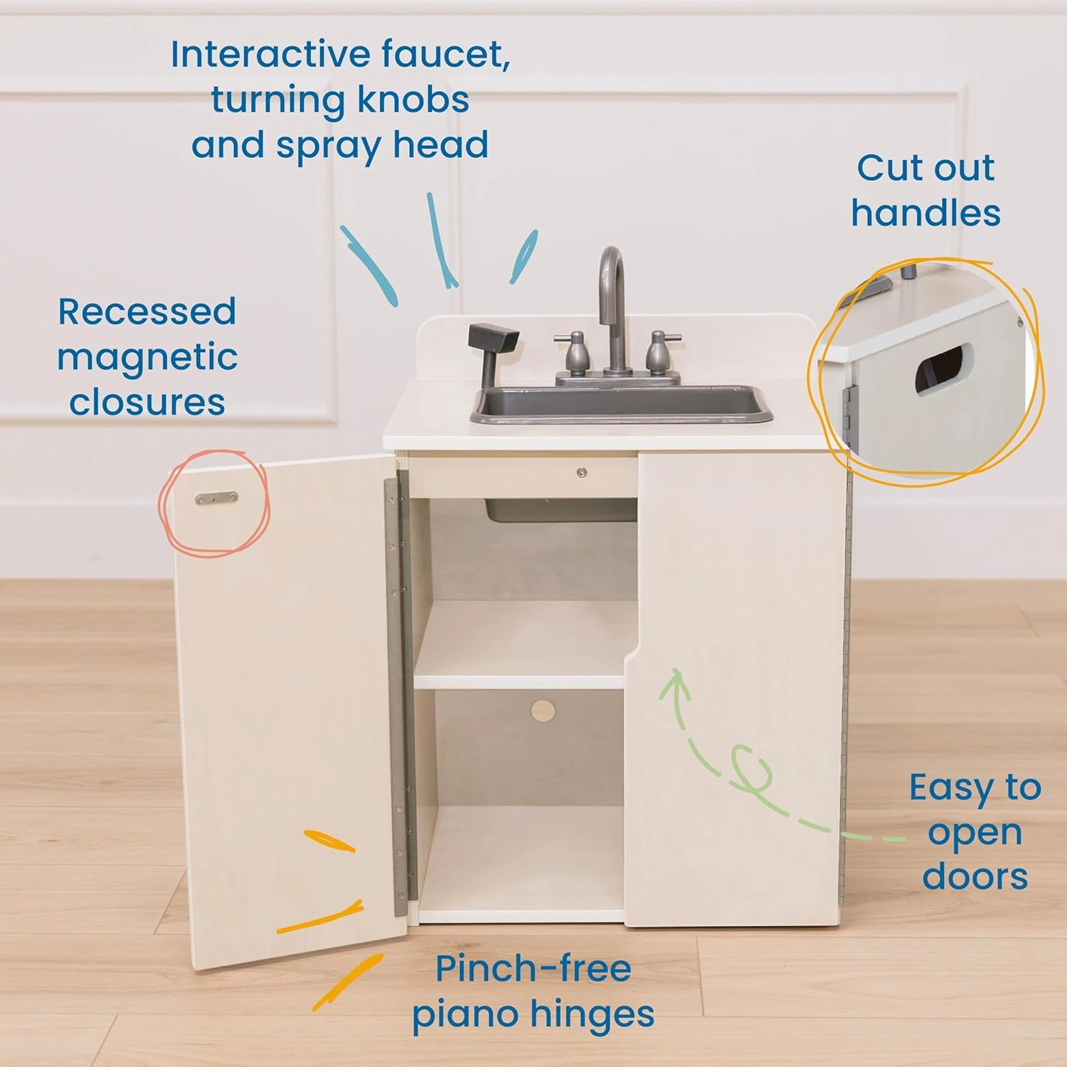 ECR4Kids Play Kitchen Sink, Wooden Playset, White Wash