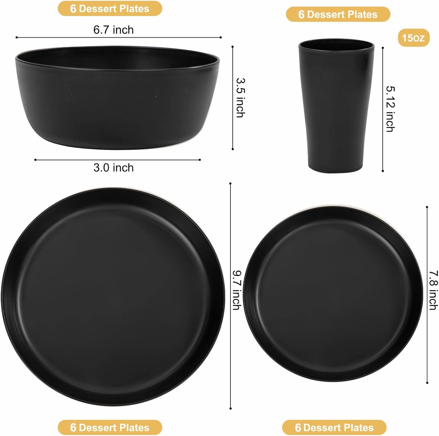 EI 24pcs Black Wheat Straw Plates,Wheat Straw Dinnerware Set,Plates and Bowls Sets,Reuasble Plates,Unbreakable Dinner Plates,Heavy Duty Plastic Plates for Halloween