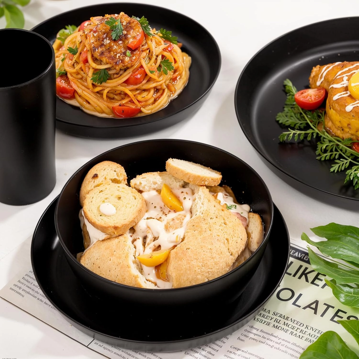 EI 24pcs Black Wheat Straw Plates,Wheat Straw Dinnerware Set,Plates and Bowls Sets,Reuasble Plates,Unbreakable Dinner Plates,Heavy Duty Plastic Plates for Halloween
