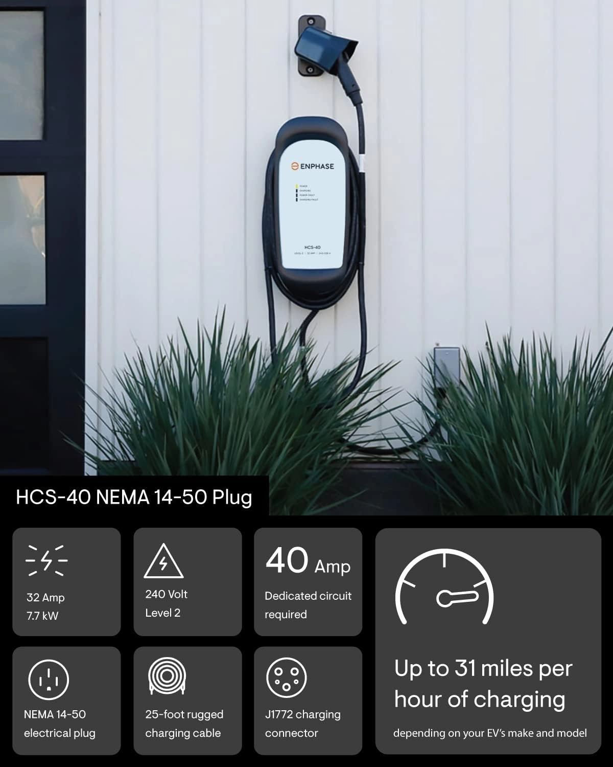 Enphase 32 Amp Plug-in Level 2 EV Charger for Home, HCS-40 (Formerly ClipperCreek), NEMA 14-50, 5-Year Warranty, 25 ft Cable, J1772 Connector, up to 31 Miles of Range per Hour