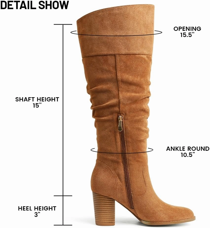Erocalli Suede Knee-High Boots Fall Boot For Women Chunky Block High Heel Slouch Fashion Boot Round Toe Side Zipper
