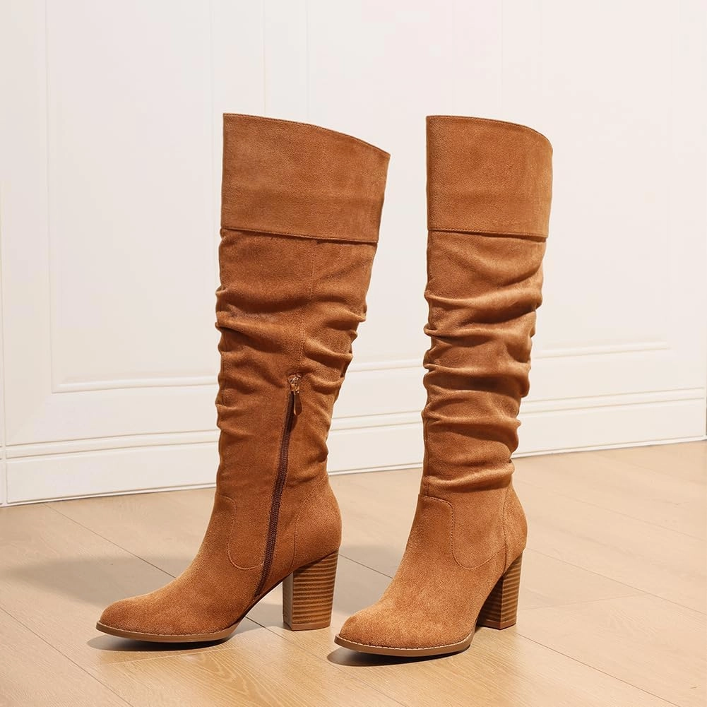Erocalli Suede Knee-High Boots Fall Boot For Women Chunky Block High Heel Slouch Fashion Boot Round Toe Side Zipper